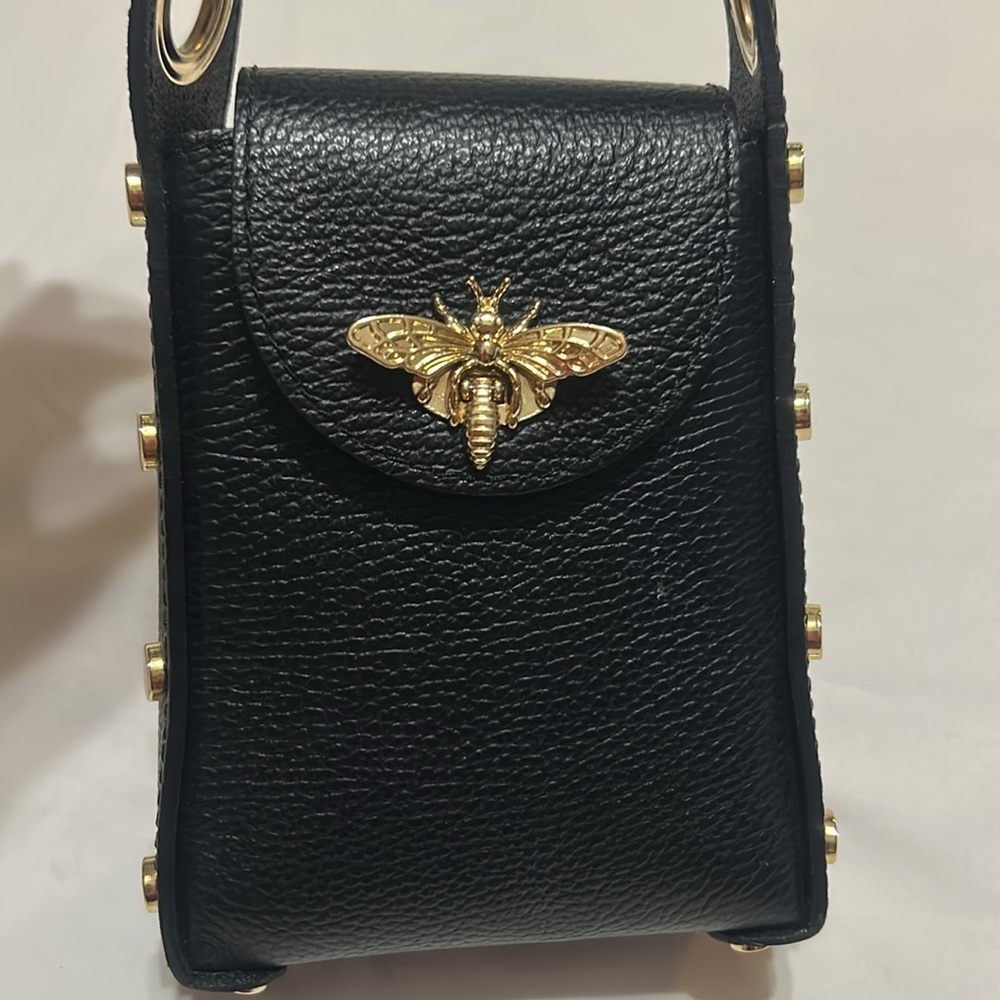 Made in Italy Genuine Leather Mini Hand Bag with Gold Bee Accent